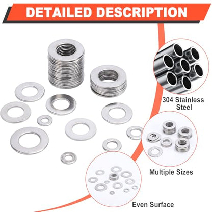 600 PCS Flat Washers for Screws and Bolts, 304 Stainless Steel Flat Washers Assortment Kit, 7 Sizes (M3 M4 M5 M6 M8 M10 M12) for Industrial and Home Use