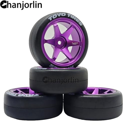 RC 1/10 Drift Tires & Aluminum Wheels 12mm Hex OD 65mm Hard Drift Racing Smooth Tyres for 1:10 1/12 Rally Street On Road Touring Car TT01 TT02 XV02 XV01 TA06 HPI KYOSHO PTG2 4PCS (Purple) - color: Purple