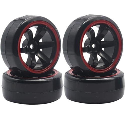 4PCS 1/10 RC Drift Car Tires Smooth Hard Tyre Plastic Wheel Rims Set Replacement for HSP Tamiya HPI Kyosho On-Road Drifting Car(Black/Red) - color: Black/Red