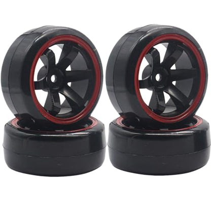 4PCS 1/10 RC Drift Car Tires Smooth Hard Tyre Plastic Wheel Rims Set Replacement for HSP Tamiya HPI Kyosho On-Road Drifting Car(Black/Red) - color: Black/Red