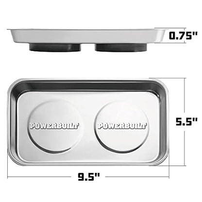 Powerbuilt Magnetic Parts Tray, 5-1/2 Inch x 9-1/2 Inch – Polished Stainless Steel Magnetic Tool Tray with Dual Rubber-Coated Heavy-Duty Magnets for Holding Small Parts – 648357
