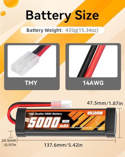 Hilldow 5000mAh NiMH RC Battery 7.2V Rechargeable Battery Pack with TMY Connector for RC Car Trucks RC Vehicles Hobby Models(2 Packs) - color: 2 PCS