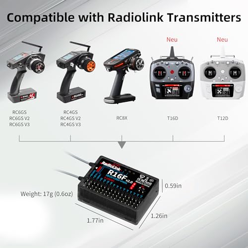 Radiolink R16F 16 Channels 2.4GHz RC Receiver for RC Car | Radiolink Remote Controller T16D, T12D, RC4GS V3, RC6GS V3, RC8X, Long Distance Control Receiver, for RC Car, Boat, Robots