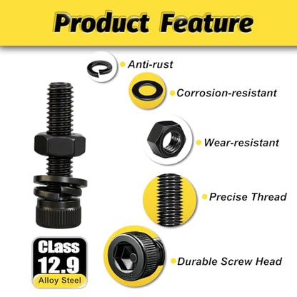 Kadrick M6 Screw Assortment Kit 660PCS,M6x8mm-40mm Bolts with Nuts,Washers & Hex Wrench, Class 12.9 Socket Head Cap M6 Screws, Black Zinc Plated, for DIY, Industrial & Mechanical Use - size: M6 660Pcs New