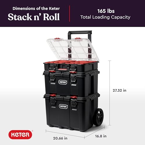 Keter Stack N Rolling Tool Box Modular Storage System 3 Piece | Black and Red, Heavy Duty, Weatherproof, All Terrain Wheels, Durable, Easy to Use, Telescoping Handle - color: Black/Red, size: 3PC System