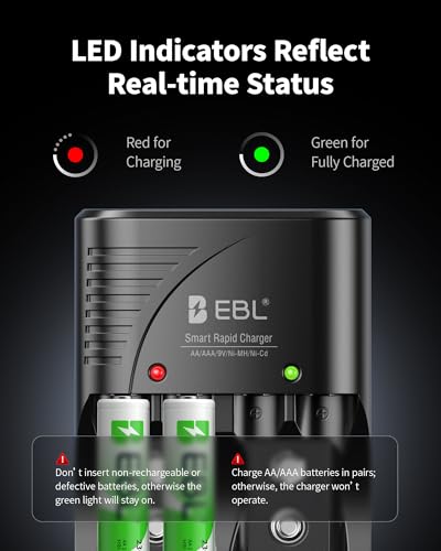 EBL Rechargeable AAA Batteries 4 Packs, Battery Charger with Foldable AC Power Plug for AA AAA 9V Ni-MH Ni-CD Rechargeable Batteries - size: Charger+4AAA