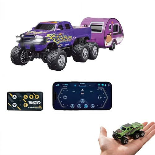 Mini Rc Truck,1/64 Scale Mini Remote Control Monster Truck with Trailer, 2.4Ghz Remote Control & APP, Rechargeable Alloy Shell RC Cars with Lights, Speed/Steering Adjustable (Purple) - color: Purple