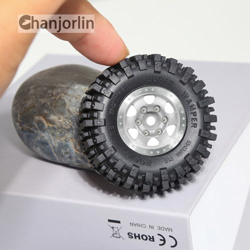 1/24 1/18 RC Crawler Tires and Beadlock Wheels Rims Offset -2.5mm 1.0 Super Soft Sticky Mud Terrain Rock Tyres OD 55mm For 1:24 1:18 Car Axial SCX24 FMS AX24 FCX18 FCX24 TRX4M 4Pcs (Silver) - color: Silver