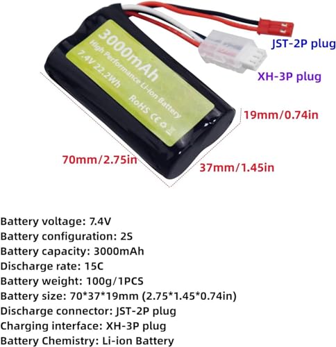 2PCS 7.4V 3000mah 15C 2S Li ion Battery with JST-2P Plug and 2in1 Charger for UDIRC UD1601 UD1602 SG1603 RC Car 1/10, 1/12, 1/16 Ratio RC Car Truck RC Ship Drone Engineering Vehicle
