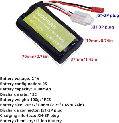 2PCS 7.4V 3000mah 15C 2S Li ion Battery with JST-2P Plug and 2in1 Charger for UDIRC UD1601 UD1602 SG1603 RC Car 1/10, 1/12, 1/16 Ratio RC Car Truck RC Ship Drone Engineering Vehicle