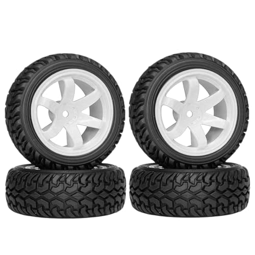 4PCS 75mm Rubber Tires and 6Spokes Plastic Wheel Rims Tyre for 1/10 RC On-Road Drift Racing Car 1:14 1:16 Rally Car for Tamiya Kyosho HPI HSP TT02 Upgrades Parts (White) - color: White
