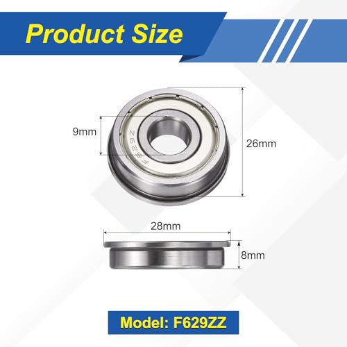 uxcell 5Pcs F629ZZ Flanged Ball Bearings, 9 x 26 x 8mm Double Shielded Chrome Steel Deep Groove Bearing, ABEC5 - size: F629ZZ 9 x 26 x 8mm
