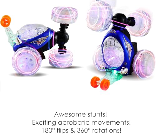 Haktoys Rechargeable RC Tornado Stunt Car – 360° Flip Remote Control Turbo Twister Vehicle with Lights & Music | Double-Sided Spinning Car Toy for Toddlers Kids Boys Girls (Blue) - color: Blue