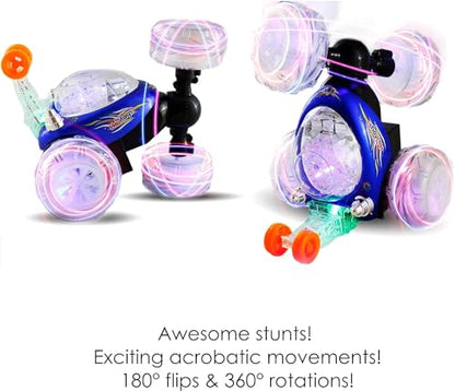 Haktoys Rechargeable RC Tornado Stunt Car – 360° Flip Remote Control Turbo Twister Vehicle with Lights & Music | Double-Sided Spinning Car Toy for Toddlers Kids Boys Girls (Blue) - color: Blue