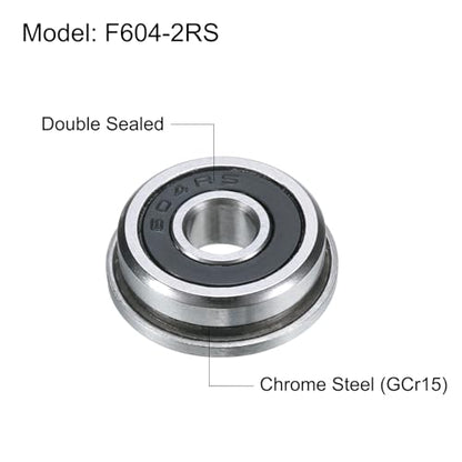 uxcell F604-2RS Flanged Ball Bearing 4x12x4mm Double Sealed Chrome Steel Flange Bearings, 10pcs - size: F604-2RS