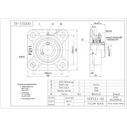 PGN UCF211-32 (2 Pack) Square Flange Bearing 2" Bore - size: 2, style: UCF211-32