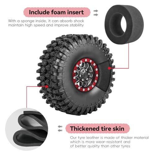 RC Crawler 1.9 Beadlock Wheels and Tires Set for 1/10 Scale Axial SCX10 TRX4 RC4WD Redcat Gen8 Gen7 Rock Crawling All Terrain - color: Red Rims