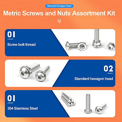 NINDEJIN Black & Silver Hex Socket Head Screws Bolts Nuts and Flat Washer Assortment Kit(Hex Socket Flat/Button/Cap Head) (580Pcs Hex Cap Head Socket Screws Nuts) | 304 Stainless Steel, Good Handling and High Toughness, Bolts, Nuts, for Home, Office Equip
