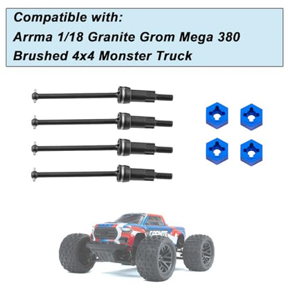 Steel Front Rear CVD Axles Drive Shafts Set with Aluminum 7075 Wheel Hex for Arrma 1/18 Granite Grom Mega 380 Brushed 4x4 Monster Truck RTR Upgrade Parts (Black) - color: Black