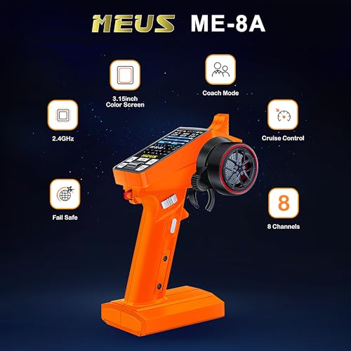 MEUS RACING ME-8A RC Transmitter 8 Channels 2.4GHz and Receiver with Coach Mode for 1/8 1/10 1/18 1/24 RC Crawler Car Boat TRX4 TRX4M SCX10 SCX24 Upgrades Parts (Orange) - color: Orange