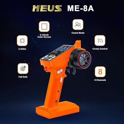 MEUS RACING ME-8A RC Transmitter 8 Channels 2.4GHz and Receiver with Coach Mode for 1/8 1/10 1/18 1/24 RC Crawler Car Boat TRX4 TRX4M SCX10 SCX24 Upgrades Parts (Orange) - color: Orange