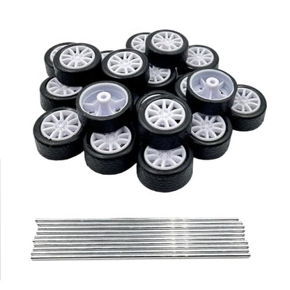 20PCS Small Toy Car Wheel 18mm Model Car Mini Rubber Tire Wheels with 10PCS Shaft Round Rod Axles for DIY Model Toy RC Car Truck Robot Building Accessories (White 2x18mm) - style: White 2x18mm