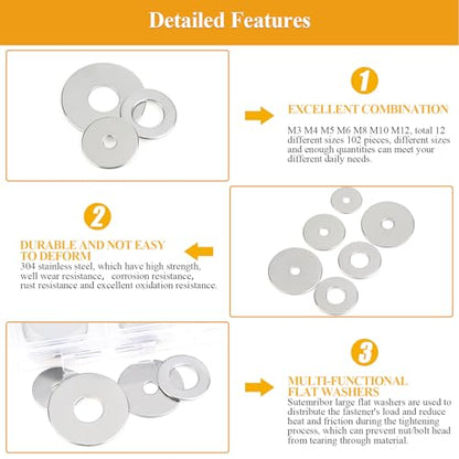 102 Pieces Stainless Steel Fender Washers, Flat Washers, Metal Washers for Screws Bolts, Fender Washers Assortment Kit, Assorted Washers Set (M3 M4 M5 M6 M8 M10 M12) - size: Fender Washers Kit