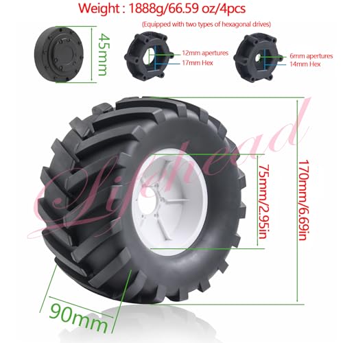 Lifehead 1/8 Scale RC Monster Truck Rubber Tires， for Traxxas SUMMIT E-Revo 86086-4 Arrma Kraton 6S kyosho USA-1 Losi LMT，173mm OD Sand and snow tires/17mm Hex - color: White