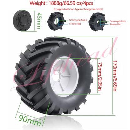 Lifehead 1/8 Scale RC Monster Truck Rubber Tires， for Traxxas SUMMIT E-Revo 86086-4 Arrma Kraton 6S kyosho USA-1 Losi LMT，173mm OD Sand and snow tires/17mm Hex - color: White