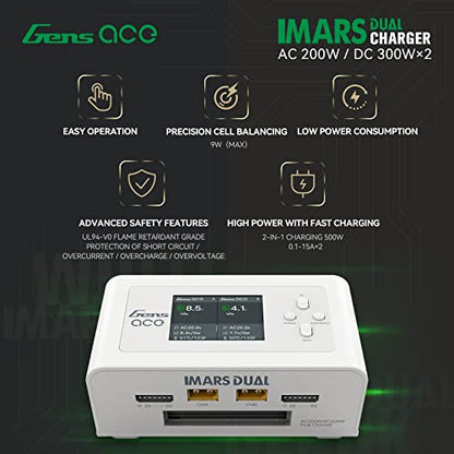 Gens Ace Lipo Battery Charger Imars Dual Smart Lipo Charger 15A AC 200W DC 600W RC Charger（White）