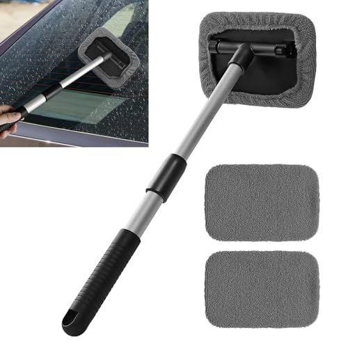 Windshield Cleaning Tool, Car Window Cleaner, Vehicle Window Cleaner with Extendable Handle & 2 Washable Microfiber Pads, Car Interior Glass Wiper Cleaning Kit for Most Vehicles (Grey) - color: Grey