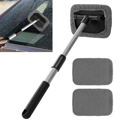 Windshield Cleaning Tool, Car Window Cleaner, Vehicle Window Cleaner with Extendable Handle & 2 Washable Microfiber Pads, Car Interior Glass Wiper Cleaning Kit for Most Vehicles (Grey) - color: Grey