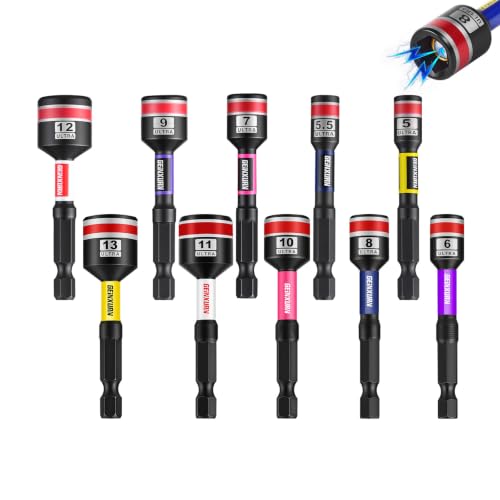 Impact Nut Driver Set, 10 Pieces 2.56 Inch Long 5mm to 13mm Magnetic Metric Nut Setter Set, 6 Point Alloy Steel Use 1/4” Hex Shank Impact Driver Stored in Portable Storage Cases for Repair - size: 2.56", style: 2.56"-M