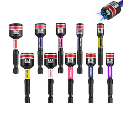 Impact Nut Driver Set, 10 Pieces 2.56 Inch Long 5mm to 13mm Magnetic Metric Nut Setter Set, 6 Point Alloy Steel Use 1/4” Hex Shank Impact Driver Stored in Portable Storage Cases for Repair - size: 2.56", style: 2.56"-M