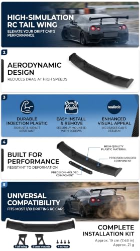 RC Car Tail Wing, Drifting RC Wing with Base Mount and Screws, 1/10 Scale Spoiler for RC Enthusiasts, Hobbyists, and Drift Racing Models