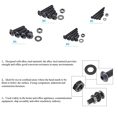 DYWISHKEY 1220 Pieces M2 M3 M4 M5, 10.9 Grade Alloy Steel Hex Button Head Cap Bolts Screws Nuts Washers Assortment Kit with Hex Wrenches - color: black