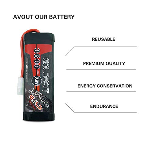 GOLDBAT 3600mAh 7.2V NiMH RC Battery with Tamiya Connector for for RC Evader BX Car Truck Truggy Buggy Tank Car Racing (3600-7.2V-Tamiya-2pack)