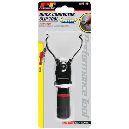 Performance Tool W83116 Multi Angle Quick Connector Clip Tool | Automotive fuel line and electrical connector removal. Spring loaded jaws. 90 degree flexing cushion grip