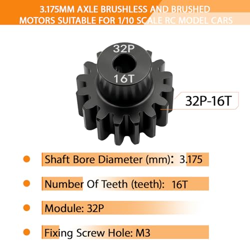 32P 16T Pinion Gear 3.175mm Shaft, Hardened Steel Motor Gear for 1/10 Scale RC Car Truck Crawler Monster Buggy, High Speed Durable 32 Pitch Gear Upgrade Parts 540 550 Brushed 3650 3660 Brushless - color: 16T