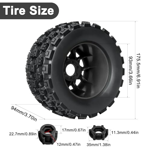 LRFHL MX38 F/R 3.8" RC Tires and Wheels with 17mm Hex Adapter, 4PCS, Black | 1/7 1/8 RC Monster Truck Tires, for Arrma Notorious Outcast Kraton 6S Traxxas E-Revo RC Car Upgrade - color: Black Tires+ Black Wheels