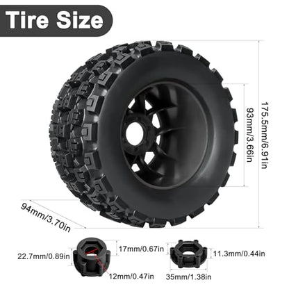 LRFHL MX38 F/R 3.8" RC Tires and Wheels with 17mm Hex Adapter, 4PCS, Black | 1/7 1/8 RC Monster Truck Tires, for Arrma Notorious Outcast Kraton 6S Traxxas E-Revo RC Car Upgrade - color: Black Tires+ Black Wheels