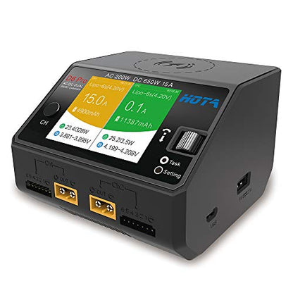 HOTA D6 Pro Lipo Balance Charger Powerful Duo Smart Charger/Discharger Dual Channel AC200W 100-240V DC650W 15A for Lipo LiIon LiHV NiMH Battery with IPS Screen(Black Color)
