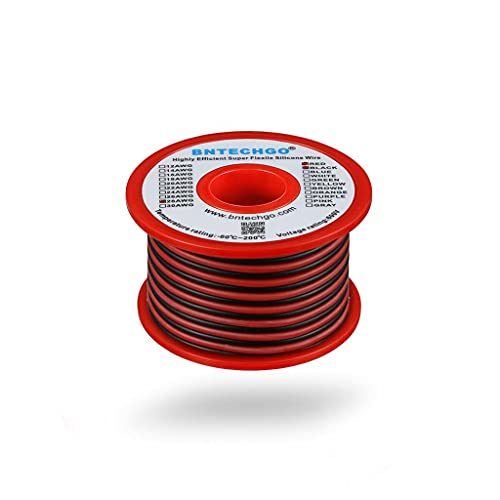 BNTECHGO 28 Gauge Silicone Wire Spool Red and Black Each 25ft 2 Separate Wires Flexible 28 AWG Stranded Tinned Copper Wire | Flexible 28 AWG Stranded Tinned Copper Wire Silicone Rubber Insulation For RC Models, Drone, Robot, EV Charger, 3D Printer - size: