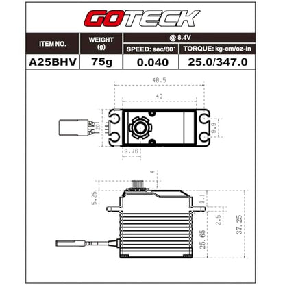 GOTECK 25KG Brushless Digital Servo,8.4V Full Metal Gear Servo,IP67 Waterproof Steering Servo with 25T Servo Horn for 1/10 Scale RC Cars,RC Crawler,Trucks,Boat,Robot Parts (A25BHV-270°)