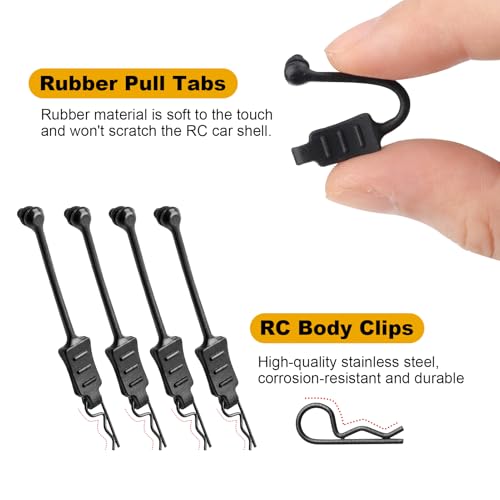 20pcs HobbyPark Micro RC Car Body Clips and Pull Tabs Retainer R Pins for 1/24 1/28 1/36 Scale Mini Cars SCX24 FCX24 Gladiator Bronco C10 JLU Deadbolt B-17 - size: 0.7mm Rod Black Clips
