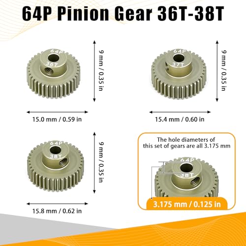64P Pinion Gear 3.175mm Shaft 7075 Aluminum Alloy Motor Gears,0.6 Metric Pitch 36 37 38T with 1/8 Hole Pinion Gear Compatible with 1/10 Arrma HPI Kyosho Losi Axial Traxxas Tamiya RC Car - size: 36 37 38T
