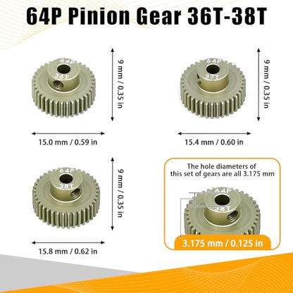64P Pinion Gear 3.175mm Shaft 7075 Aluminum Alloy Motor Gears,0.6 Metric Pitch 36 37 38T with 1/8 Hole Pinion Gear Compatible with 1/10 Arrma HPI Kyosho Losi Axial Traxxas Tamiya RC Car - size: 36 37 38T