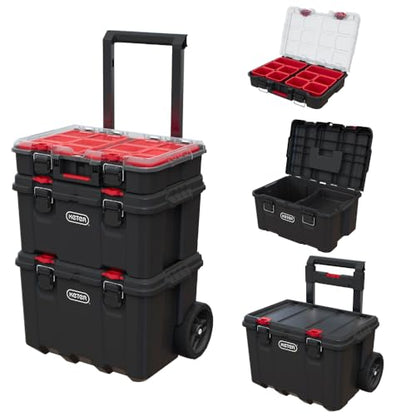 Keter Stack N Rolling Tool Box Modular Storage System 3 Piece | Black and Red, Heavy Duty, Weatherproof, All Terrain Wheels, Durable, Easy to Use, Telescoping Handle - color: Black/Red, size: 3PC System