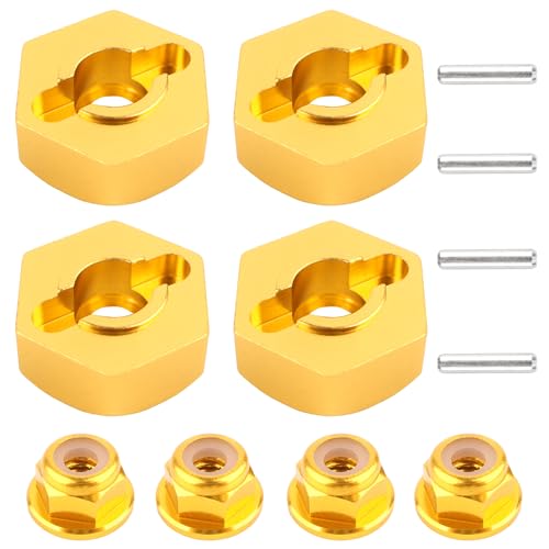 12mm Wheel Hex Hubs Drive Adapter 5mm Thick & Flange M4 Lock Nuts Aluminum for Redcat Axial HSP WLtoys Himoto RC Truck Model Cars Hobby Upgrade Parts (Yellow) - color: Yellow
