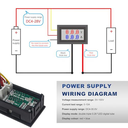 2 PCS 0.28" Digital Voltmeter Ammeter, DC 0-100V 10A Amp Volt Meter Gauge with Connect Wires, Mini Dual LED Display Panel Current Voltage Monitor Tester for EV Cars Boats